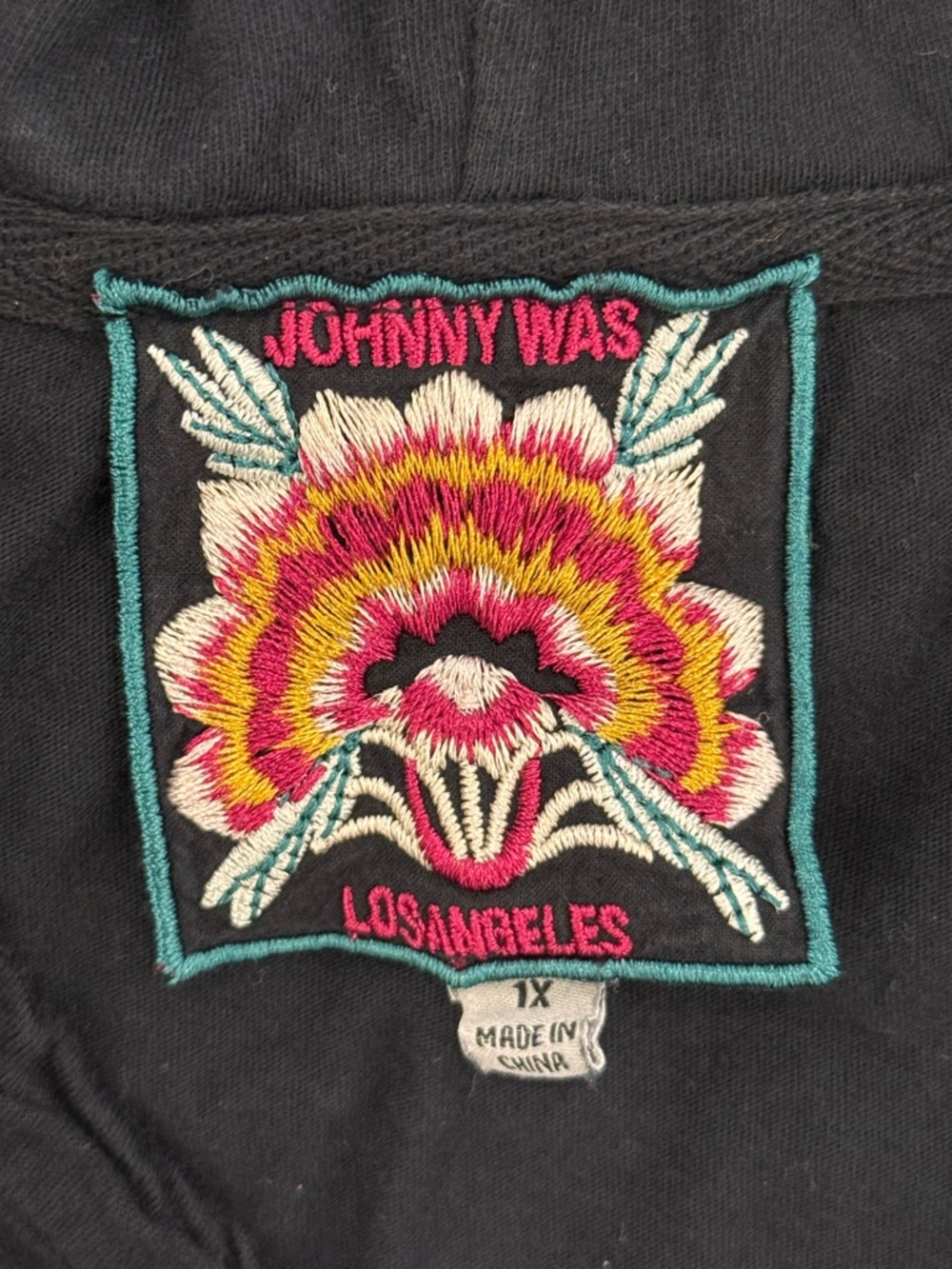 Johnny Was Black V-Neck Tunic with Floral and Geometric Embroidery and hood - Picture 2 of 5